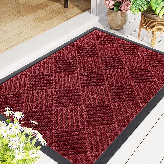 Smiry Front Door Mat Outside Entrance, Heavy Duty Outdoor Indoor Mat, Natural Rubber Doormat, Non Slip, Trap Dirt and Moisture, Easy Clean, Low Profile Patio Porch Entryway Mat, 71x23, Wine Red