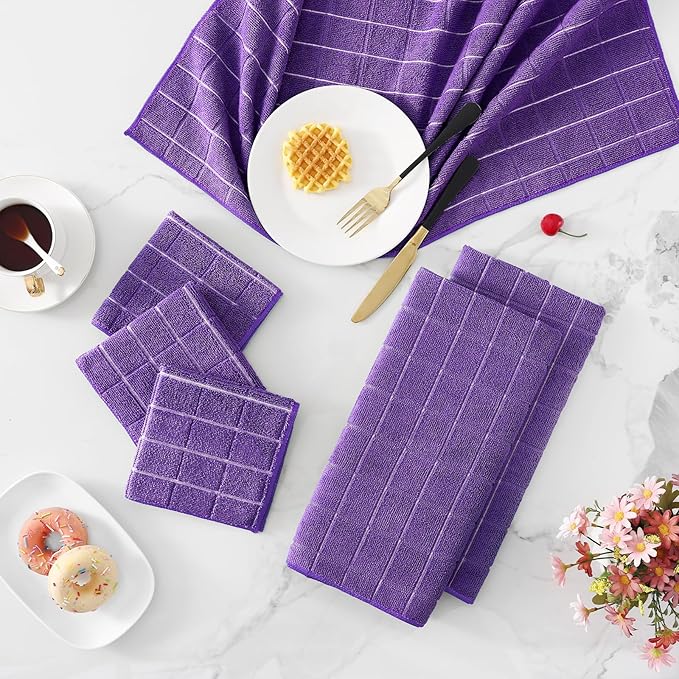 Homaxy Microfiber Kitchen Towels and Dishcloths Set, 16 Pack Soft and Absorbent Dish Hand Towels Bulk, 28 x 16 Inch & 12 x 12 Inch Quick Drying Rags for Washing Dishes, Purple