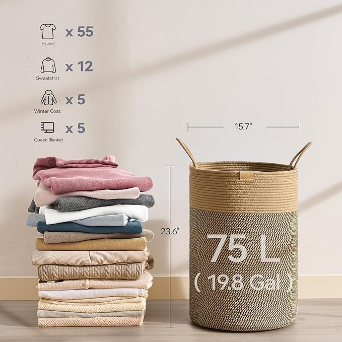 Laundry Hamper 75L,Large Laundry Basket for Clothes,Decorative Storage Basket for Blankets,Cotton Rope Woven basket for bedroom,Dark Brown