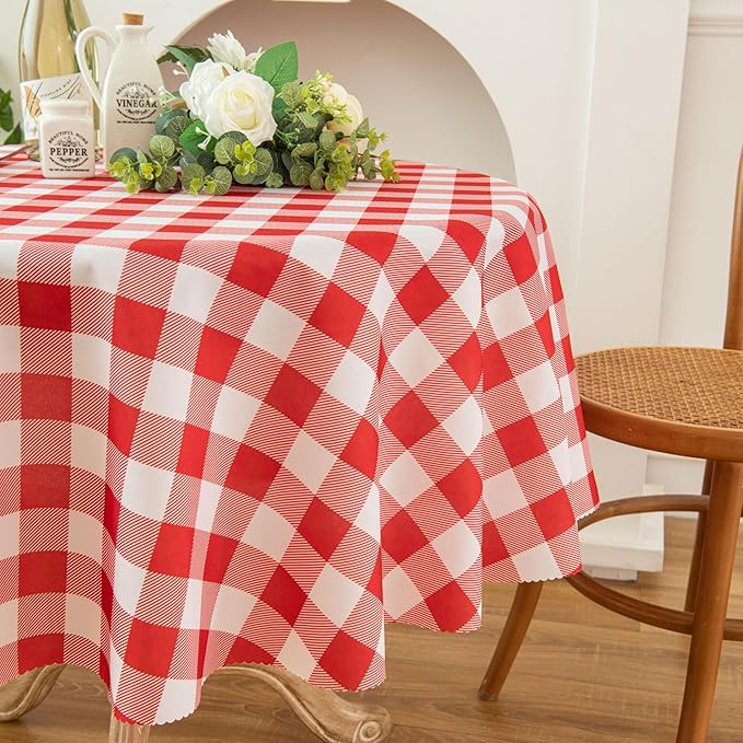 Waterproof Plaid Tablecloth Fabric - Round 70 Inch Classic Gingham Checker Table Cloth for Indoor/Outdoor Use - Buffalo Table Cover for Picnics, BBQs, and Parties