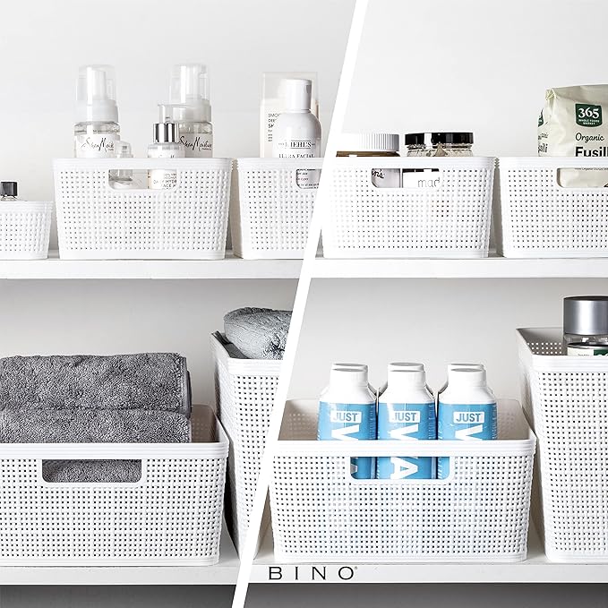 BINO | Woven Plastic Basket | Medium (White), 4-Pack | THE JUTE COLLECTION | Home Organization, Space - Saving Storage, Stylish Design | Jute Basket | Plastic Storage Basket