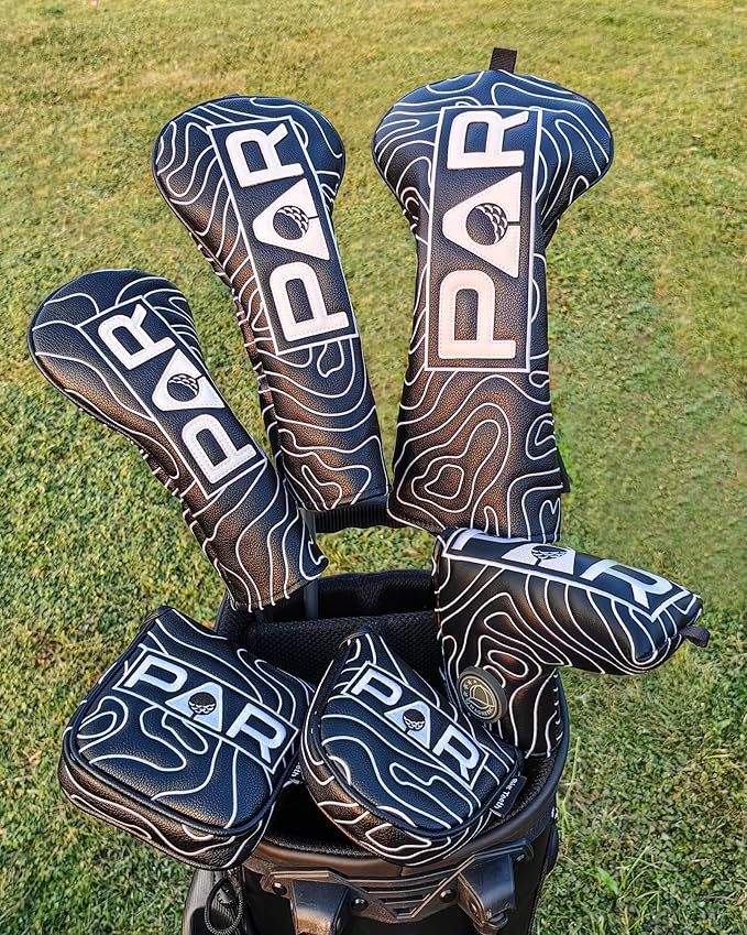 Big Teeth Golf Club Covers Full Set Driver Headcover Fairway Wood Hybrid Golf Club Iron Head Covers, Topographic Edition Putter Cover Leather Golf Head Covers Pure Black, Gifts for Men