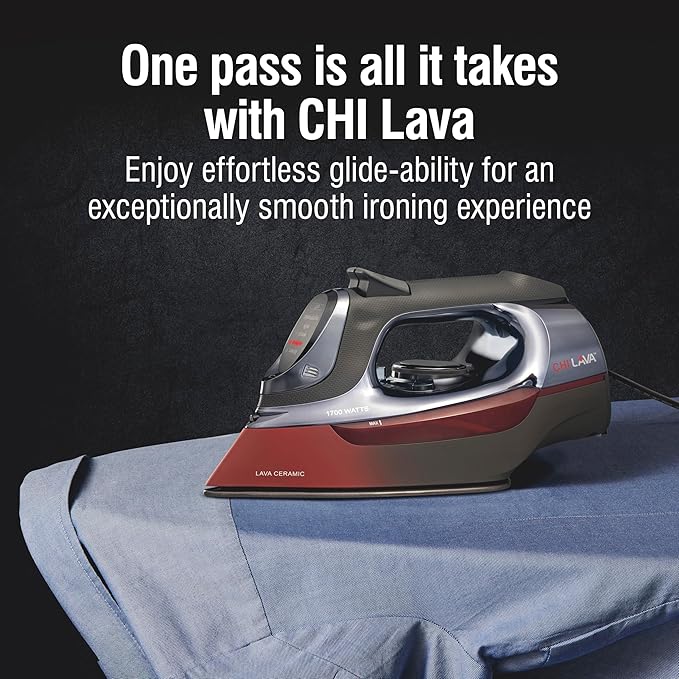 CHI Steam Iron for Clothes with 8’ Retractable Cord, 1700 Watts, 3-Way Auto Shutoff, 400+ Holes, Professional Grade, Temperature Control Dial, Lava Infused Ceramic Soleplate, Black (13113)
