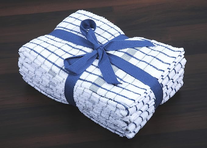 AMOUR INFINI Terry Dish Towels Pack of 4 Highly Absorbent Quick Dry Super Soft 20x28 Inch Kitchen Towel with Hanging Loop for Cleaning & Drying Dishes (Blue)