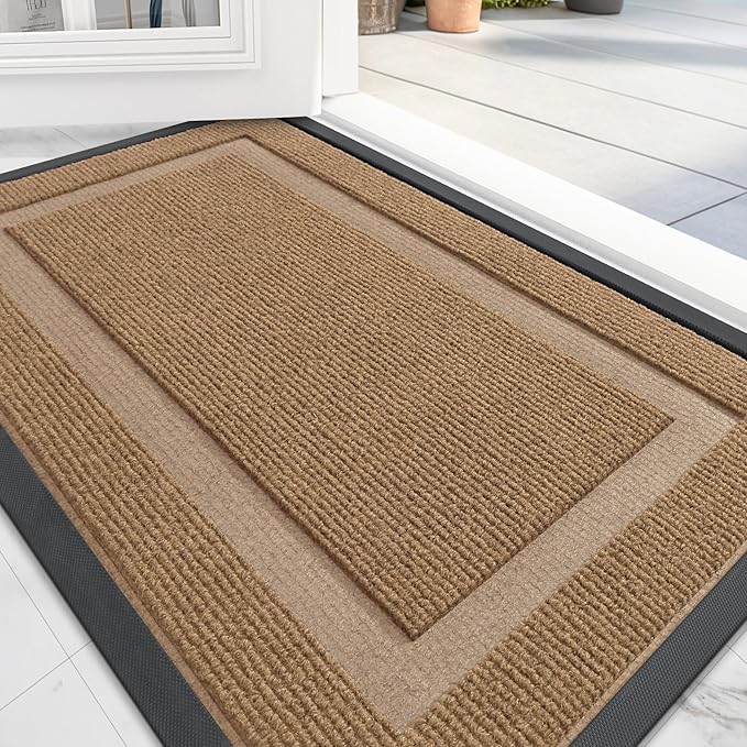 OLANLY Front Door Mat Indoor Outdoor Entrance, Waterproof All-Season, All-Weather Doormat, Sturdy Natural Rubber, Fade Resistant, Low Profile, Easy Clean Patio Porch Entryway Mat, 47x23, Light Borwn