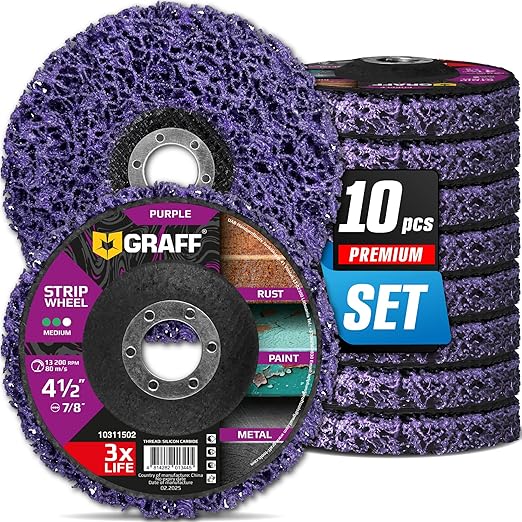 4.5 Inch Paint Stripping Disc - Rust Remover Wheel, Abrasive Discs Rust, Oxidation, Paint Remover Stripper Discs - Medium Strip Discs 4 1/2 for Angle Grinder GRAFF 10 Packs (7/8" Arbor)