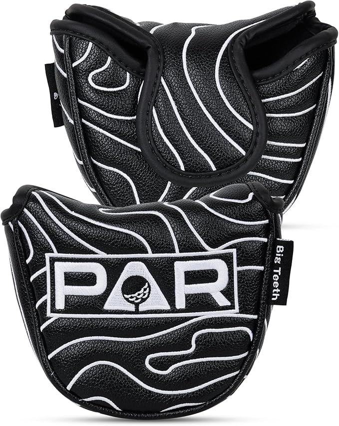 Big Teeth Golf Club Covers Full Set Driver Headcover Fairway Wood Hybrid Golf Club Iron Head Covers, Topographic Edition Putter Cover Leather Golf Head Covers Pure Black, Gifts for Men