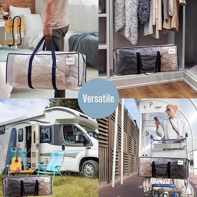 VENO 8 Pack Moving Bags Plastic Storage Totes Clothes Organization Large W Lid/Zipper. Packing Boxes/Bins Alternative. Space Saving Foldable College Supplies Essentials (Clear, 8 Pack)