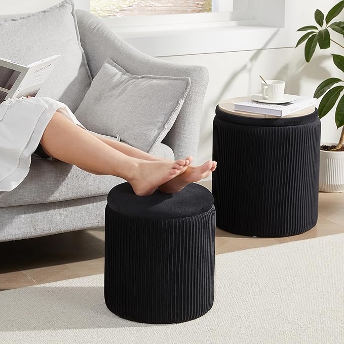 Royal Windsor Round Ottoman with Storage Set of 2,Vanity Stool with Storage for Bedroom, Ottoman Coffee Table,Small Velvet Foot Stool for Living Room, Black