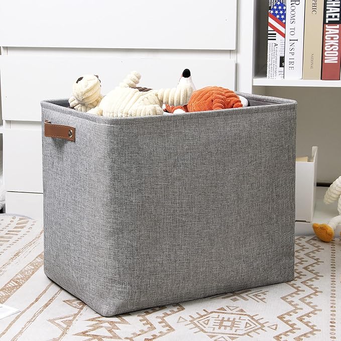 DULLEMELO Large Collapsible Storage Basket/Bin with Sturdy Leather Handles, Fabric Organizer Bin for Storage Clothes, Toys, Books, Office, Bedroom, Closet, Nursery & Laundry (Gray)