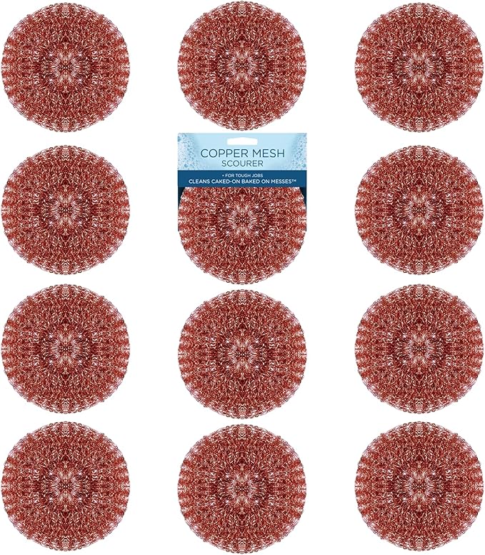 LOLA Copper Mesh Scouring Pad, 18 Grams, 12 Pack, Heavy Duty Cleaning Pads, Copper Coated Knitted Flat Wire Mesh, Recyclable, Cleans Baked On Messes