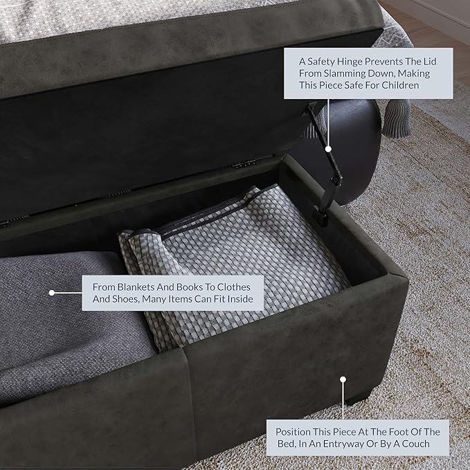 BELLEZE Storage Faux Leather Ottoman, 47 Inch Bench Bedroom Bench with Safety Close Hinge, Extra Long Ottoman with Storage for Living Room, Entryway, Hallway, Foot Rest, Support 300lbs - Rustic Gray