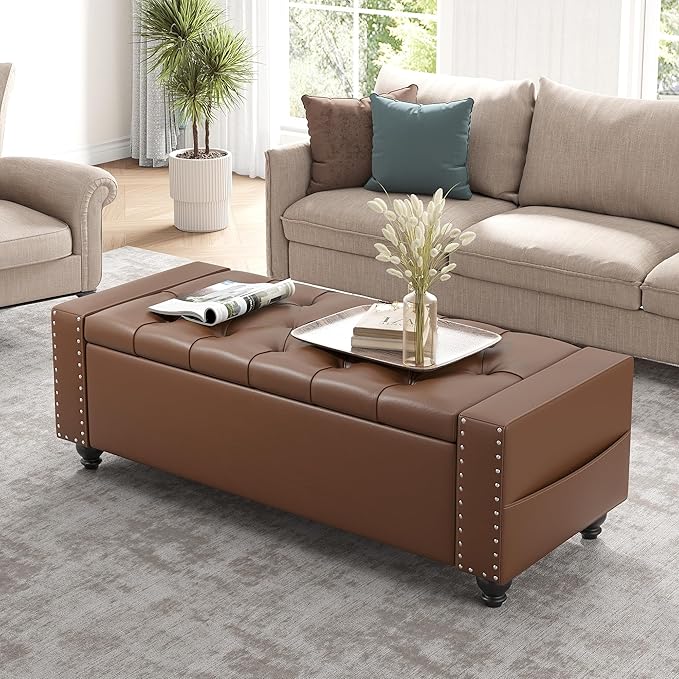 Maupvit Storage Ottoman Bench, 49 Inch Bedroom Bench, Upholstered Ottoman with Storage, Entryway Bench with Tufted Button, Faux Leather Window Bench for Bedroom, Living Room, Entryway, Hallway, Brown