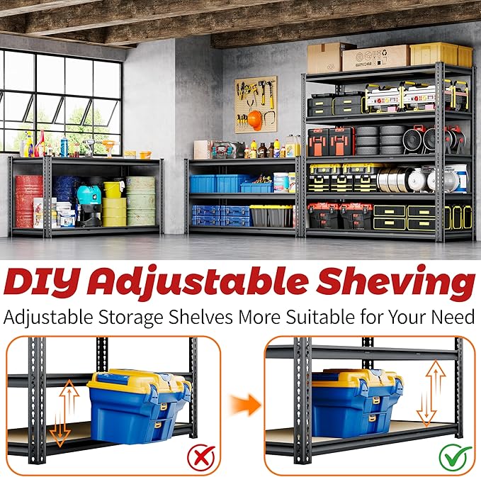 48"W Garage Shelving, 3050LBS Storage Shelves heavy duty, 5 Tier Metal Shelving Unit Adjustable Garage Shelves Heavy Duty Shelving for Warehouse,Commercial, Kitchen, 48" W × 18" D × 72" H, Black, 2PCS