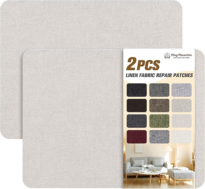 KING MOUNTAIN Fine Linen Repair Patches, Self-Adhesive Fabric, 8X11 Inch 2 PCS, Multi Color, for Linen Sofa and Clothes (Beige)