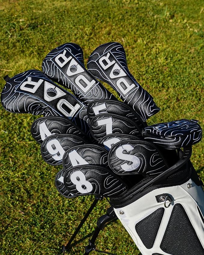 Big Teeth Golf Club Covers Full Set Driver Headcover Fairway Wood Hybrid Golf Club Iron Head Covers, Topographic Edition Putter Cover Leather Golf Head Covers Pure Black, Gifts for Men