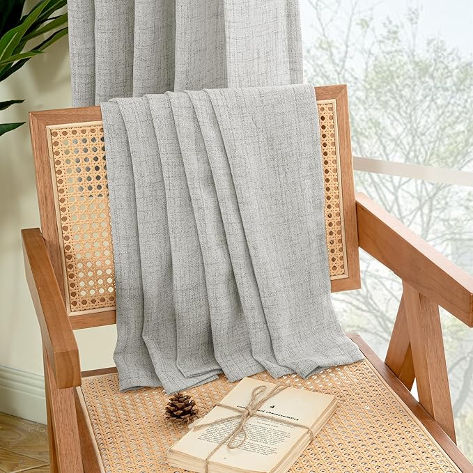 YoungsTex Light Grey Linen Curtains 63 Inches Length 2 Panels for Living Room - Textured Semi Sheer Drapes with Rod Pocket Back Tab Light Filtering for Bathroom Bedroom, 52 X 63 Inch