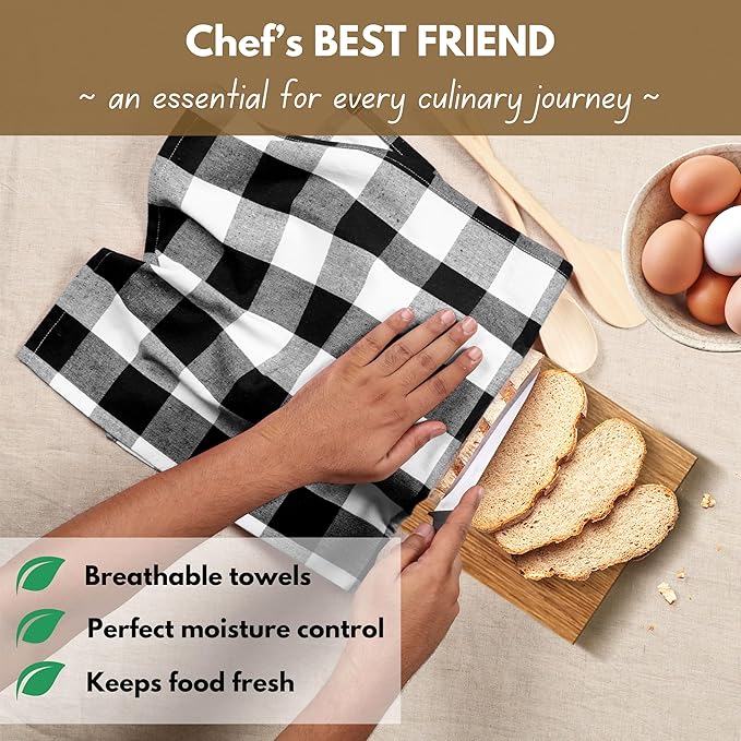 Native Fab 12-Pack Kitchen Towel with Hanging Loop 16x26 inches, Cotton Buffalo Check Kitchen Towels for Cleaning Drying, Washcloths Soft & Absorbent Cloth Rags, Bar Towel, Dish Cloth, Black