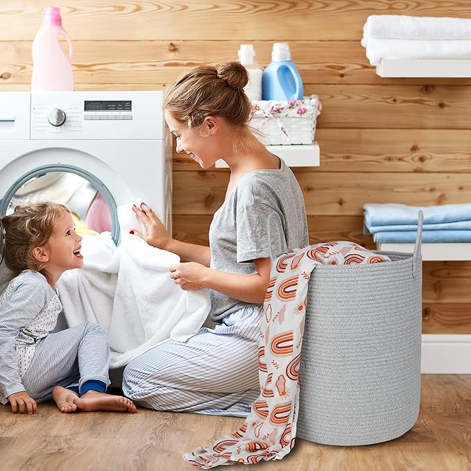 Cotton Rope Laundry Basket Hamper for Clothes Woven Storage Basket for Living Room Bedroom Boho Tall Rope Baskets for Blanket Toys Pillow Towels Baby Nursery Hamper Bin Large light grey