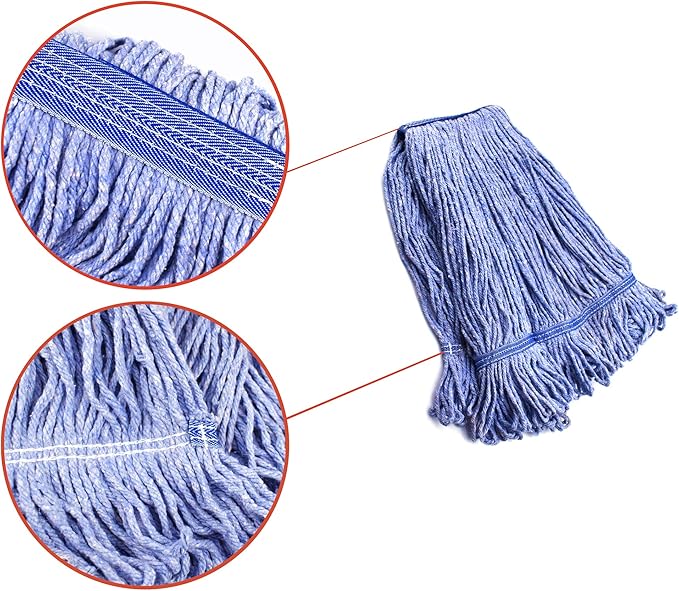 String Mop Heads Replacement Heavy Duty Commercial Grade Blue Cotton Looped End Wet Industrial Cleaning Mop Head Refills (4, Medium)