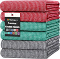 Homaxy Premium Kitchen Towels(18”x 28”, 6 Pack), Large Cotton Kitchen Hand Towels, Flat and Terry Dish Towels, 380 GSM Highly Absorbent Tea Towel Set with Hanging Loop, Grey/Red/Green