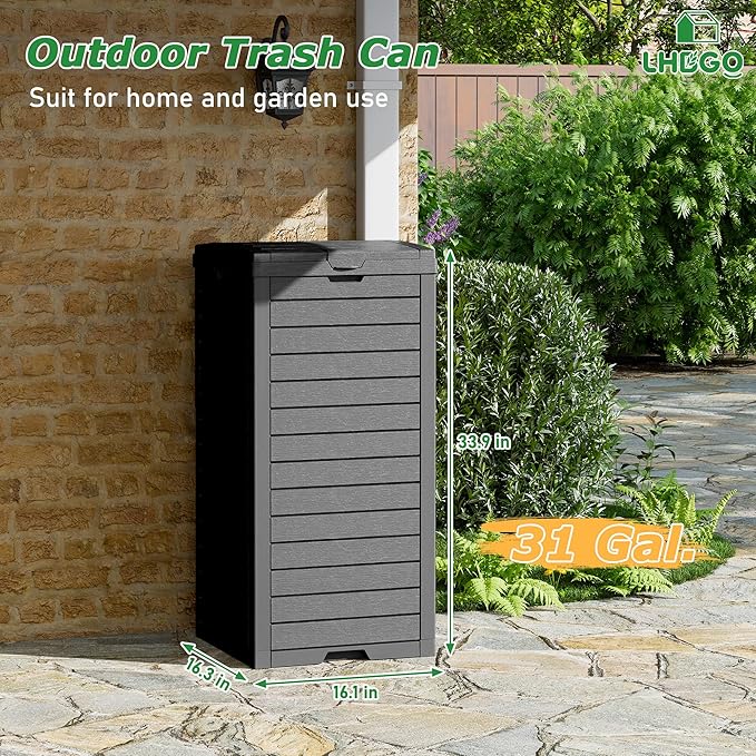Outdoor Trash Can, 2 Set of 31 Gallon Garbage Can with Tiered Lid and Drip Tray, Waterproof Resin Patio Waste Bin for Garden, Backyard, Deck