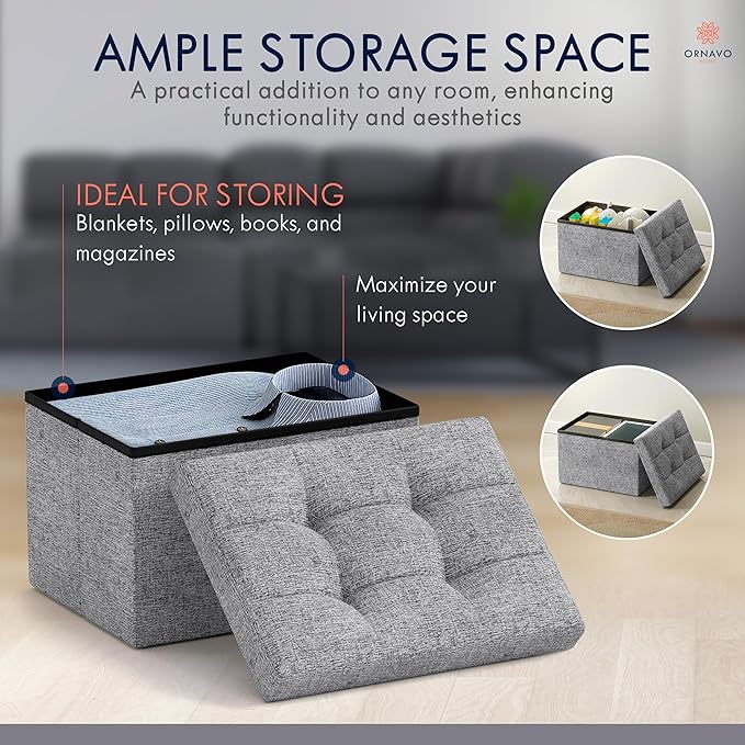 Ornavo Home Small Storage Ottoman Foldable Collapsible Rectangle Linen Ottoman Foot Rest Stool Seat, for Living Room, Bedroom, Home Office, Dorm - 12 x 16 x 12, Gray
