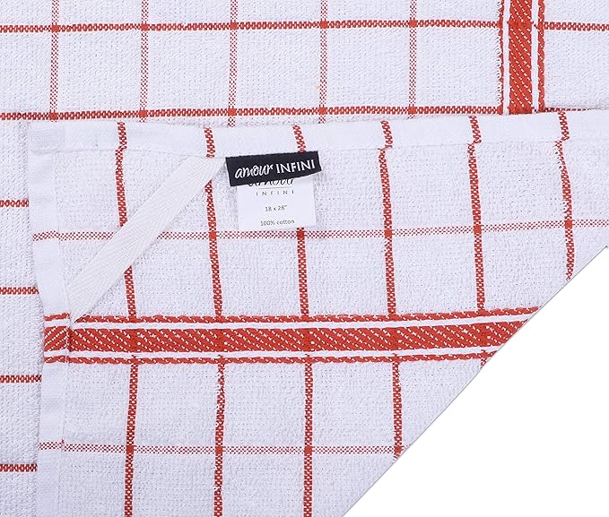 AMOUR INFINI Terry Cotton Kitchen Towels 4-Pack - Large 18 x 28 Inch, Absorbent & Soft Dish Towel with Hanging Loop, Washable Ideal for Cleaning, Drying (Rust)
