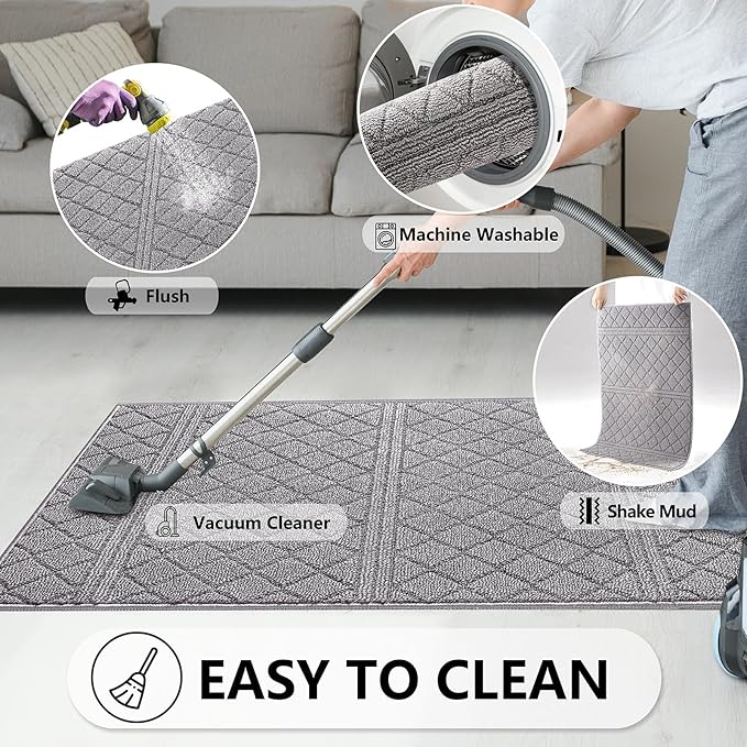 REFETONE Indoor Doormat, Front Back Door Mat 32"x40" Absorbent Rubber Backing Non Slip Door Mats, Low-Profile Resist Dirt Rugs, Machine Washable Door Rug Inside Floor Mat for Entryway, Light Grey