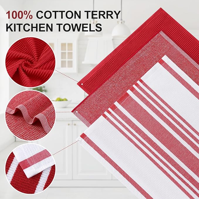 Homaxy Premium Kitchen Towels(18”x 28”, 3 Pack), Large Cotton 380 GSM Kitchen Hand Towels, Soft and Absorbent Terry Dish Towels, Multipurpose Tea Towel Set with Hanging Loop, Red