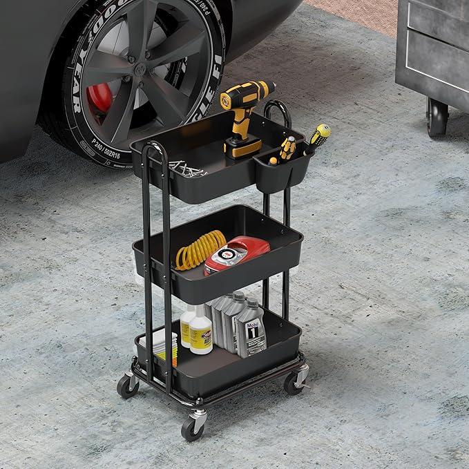 Simple Houseware 3-Tier Multifunctional Rolling Utility Cart with Hanging Bucket, Black