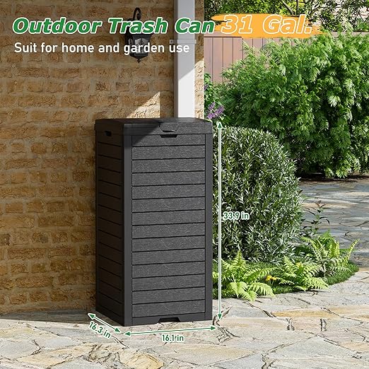 NUNU LAB 31 Gal Outdoor Trash Can with Lid - Heavy Duty Waterproof Resin, Removable Drip Tray, Fits 33-40 Gallon Bags - Large Garbage Bin for Patio, Backyard, Deck