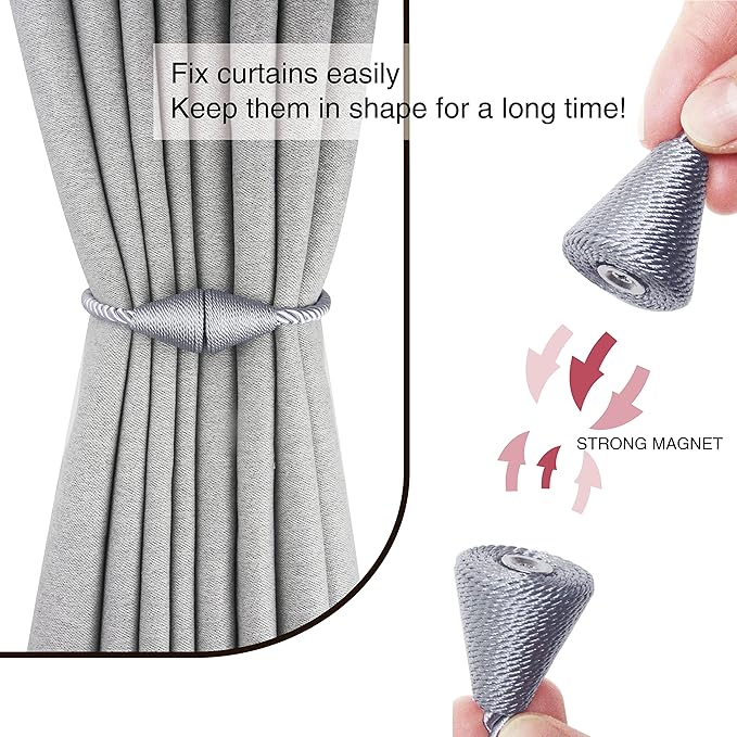 4 Pack Magnetic Curtain Tiebacks Rope Modern Handmade Curtain Tie Backs Decorative Drapes Weave Holdbacks for Window Décor, Grey