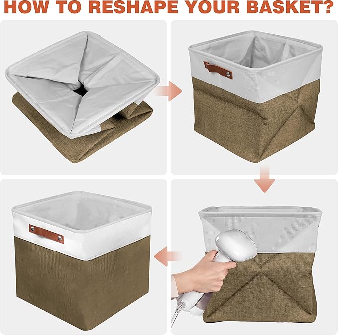 11in Open Fabric Storage Basket with Leather Handles for Organizing, Collapsible Linen Closet Bins for Shelves, Closets, Laundry, Decorative Basket for Gifts. (White＆Brown, 2PCS/11x11in)