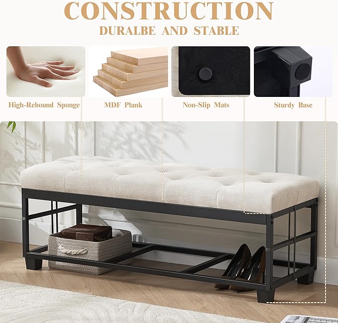 43’’ Storage Ottoman Bench, Linen Entryway Benches Load up to 660 Lb, Modern End of Bed Benches for Bedroom, Ottoman with Storage Bench for Living Room, Beige