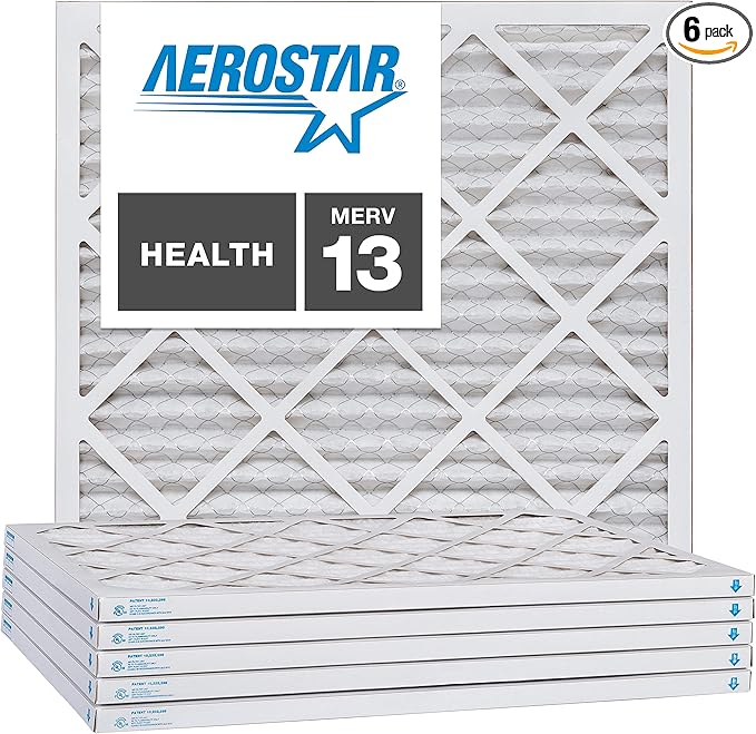 Aerostar 25x25x1 MERV 13, Pleated Air Filter, 24 1/2" x 24 1/2" x 3/4", Box of 6, Made in the USA