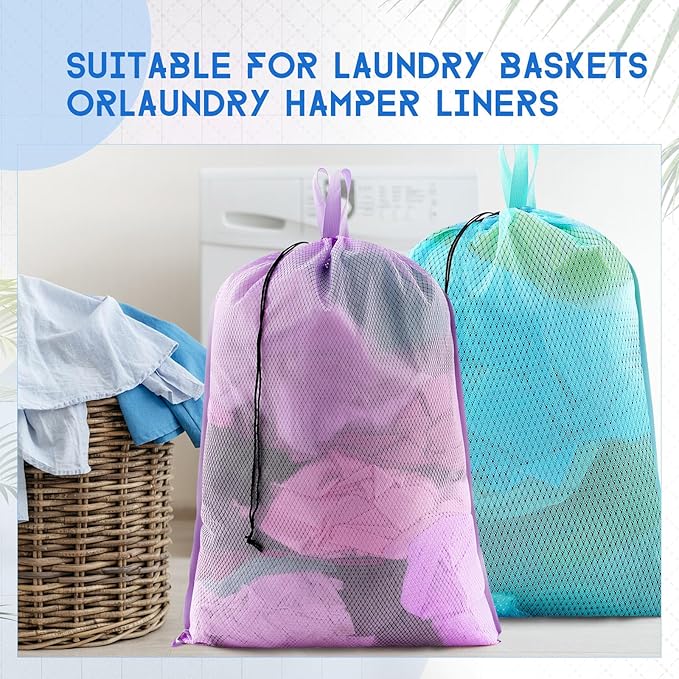 6 Pack 24 x 36 Inches Colorful Mesh Laundry Bag with Handles Machine Washable Secure Drawstring Closure Large Sturdy Mesh Net Laundry for College Travel Dorm Laundromat