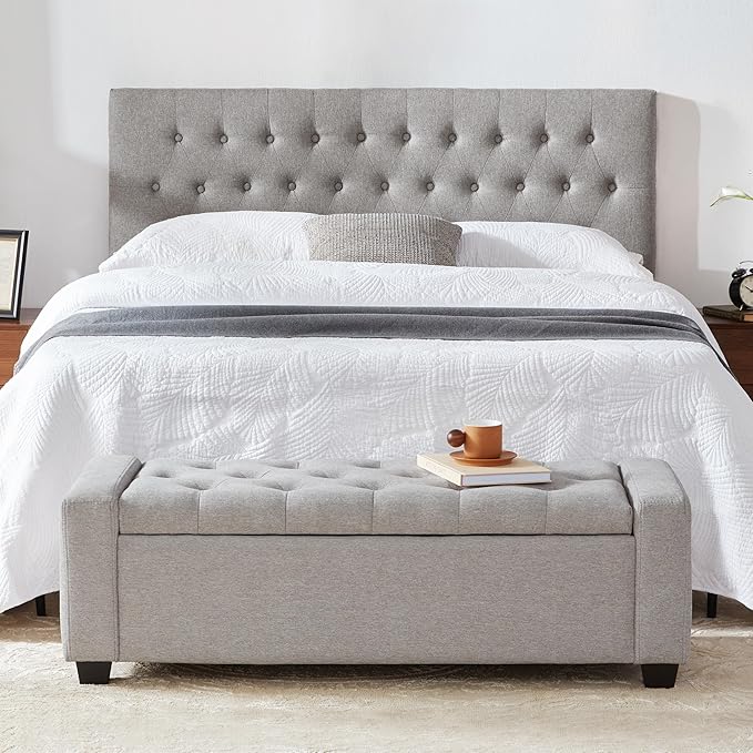 48" Ottoman with Storage, Large Storage Ottoman Bench for Bedroom with Safety Hinge, Upholstered Window Benches, End of Bed Bench for Living Room, Entryway Bench with Seating, LightGray