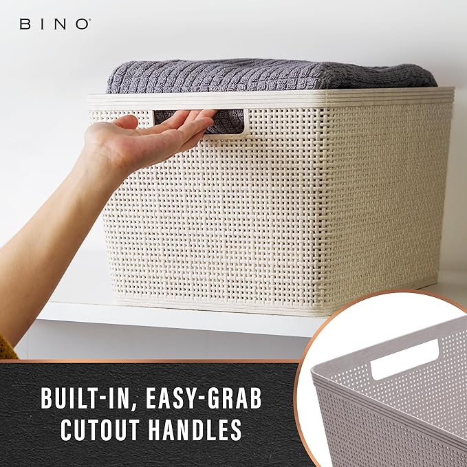 BINO | Woven Plastic Basket | Large (Natural Grey), 3-Pack | THE JUTE COLLECTION | Home Organization, Space - Saving Storage, Stylish Design | Jute Basket | Plastic Storage Basket