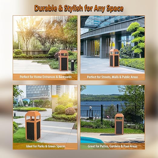 Commercial Metal Outdoor Trash Can with Lid, Lockable Outdoor Garbage Can with Nature Stone Panels, Heavy-Duty Rustproof Trash Bin with Removable Liner for Parks & Public Spaces