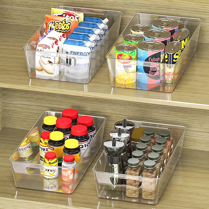 Simple Houseware 4 Pcs Kitchen Clear Bin Storage Organizer, 15" x 8" x 3.75"