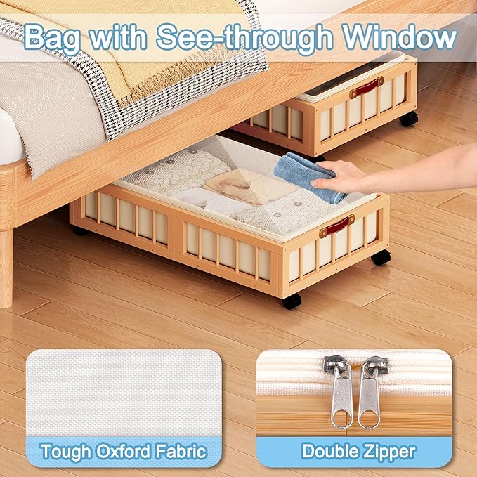 efluky 2-Pack Bamboo Under Bed Storage Containers with Wheels, Under Bed Clothes Storage Basket with Large Dust Bag, Rolling UnderBed Storage for Bedroom, Dorm and Basement, Nature