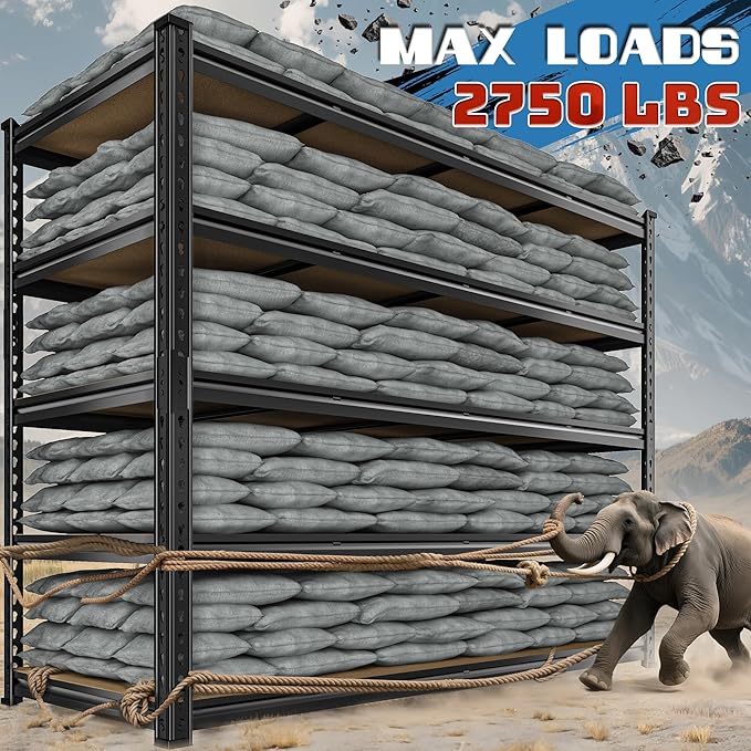 59.8"W Garage Shelving 72"H Storage Shelves 2750LBS Metal Shelving Heavy Duty Garage Shelves Adjustable 5 Tier Metal Shelf for Basement Warehouse Pantry Supermarket 59.8"W x 24"D x 72"H