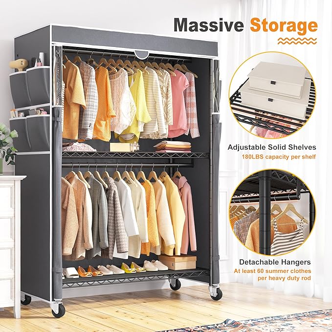 Raybee Clothes Rack with Cover, 81" H Clothing Racks for Hanging Clothes, Portable with Wheels and Adjustable Feets, Max Load 440LBS, Black