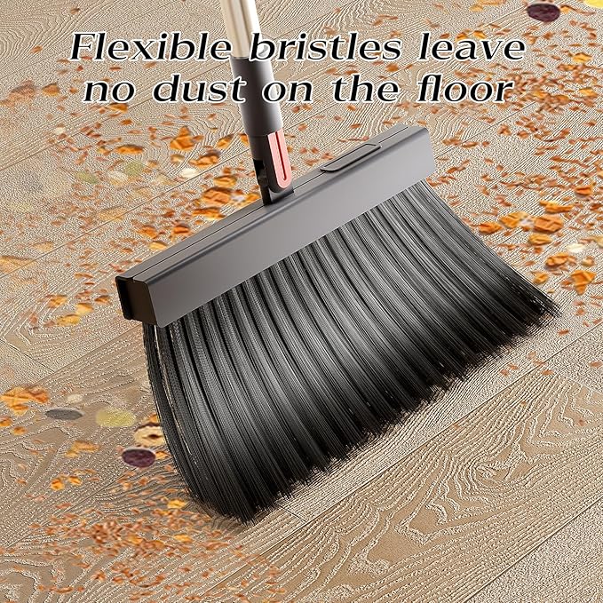 Broom with Dustpan Combo Set 180 Degree Rotating Broom Set with Comb Teeth Upright Standing Dust Pan with Adjustable Long Handle for Home Room Kitchen