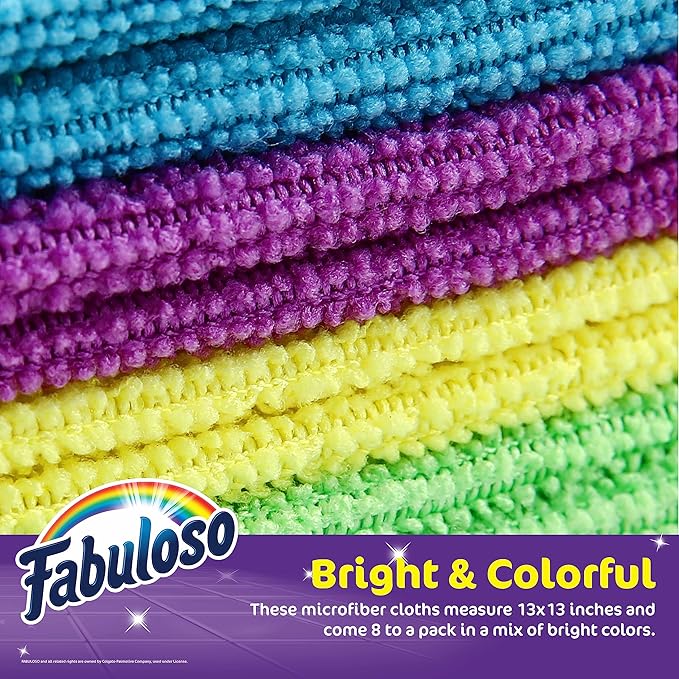 Fabuloso Microfiber Cleaning Cloths, 8 ct, Rainbow Colors | Lint-Free, Scratch-Free Cleaning Cloths for Surfaces and Wood Furniture | Microfiber Dustless Cloth for Bold and Bright Cleaning Experience