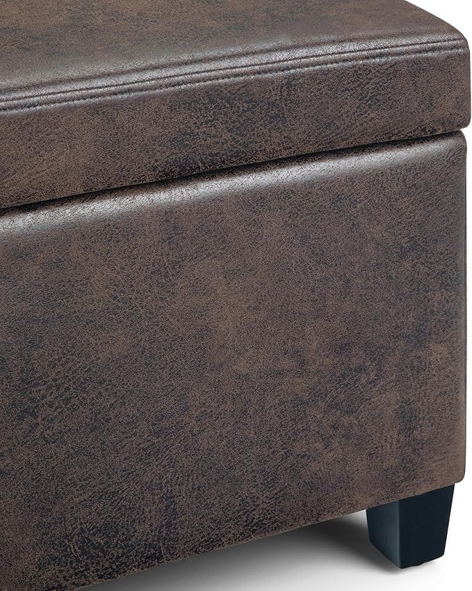 SIMPLIHOME Avalon 48 inch Wide Contemporary Rectangle Storage Ottoman Bench in Distressed Brown Vegan Faux Leather, Assembled, for the Living Room, Entryway and Family Room
