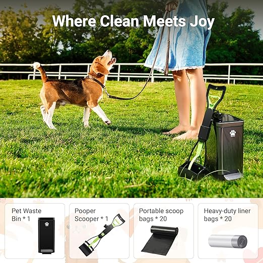Dog Poop Trash Can Outside with Poop Scooper for Dogs, 12L/3.2Gal Metal Outdoor Garbage Can with Lid Suitable for Small, Medium and Large Dogs (Tungsten Steel)