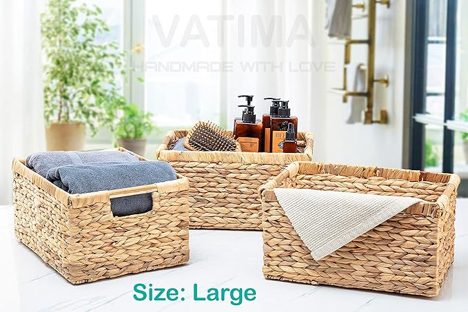 Water Hyacinth Storage Baskets with Wooden Handles, Rectangular Woven Organizer Bins for Closet, Pantry, Bathroom, or Shelves, Natural Decorative Storage Baskets for Home Organization – Set of 3