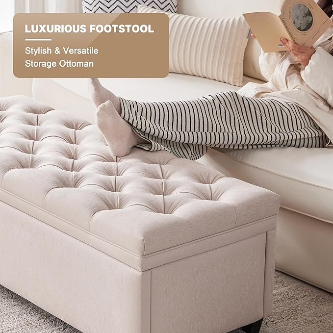 50" Storage Ottoman Bench, Tufted Ottoman with Storage for Living Room, Large End of Bed Ottomans, Modern Entryway Benchs, Window & Bedroom Benches for Foot of Bed (Beige)